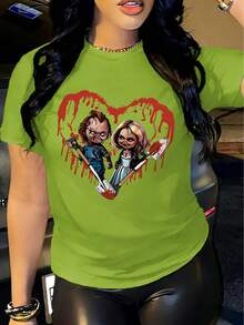 Evil Dolls Print Crew Neck T-Shirt - Fashionable Womens Graphic Print T-Shirt - Casual Short Sleeve Crew Neck Top - Lightweight & Breathable For Spring & Summer Wardrobe, 1 Piece, 200g - 軍綠色 - 查看 1