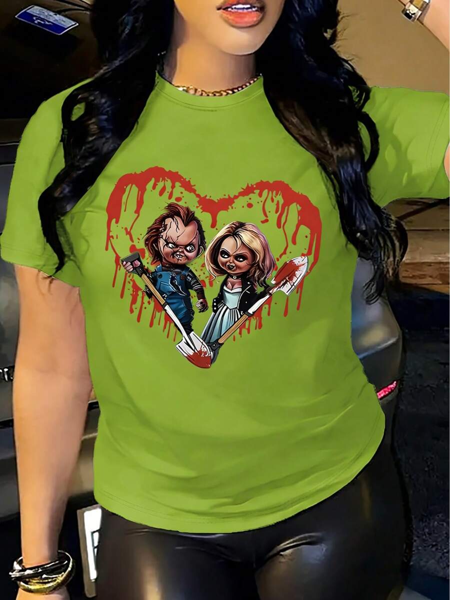 Evil Dolls Print Crew Neck T-Shirt - Fashionable Womens Graphic Print T-Shirt - Casual Short Sleeve Crew Neck Top - Lightweight & Breathable For Spring & Summer Wardrobe, 1 Piece, 200g - 軍綠色 - 查看 1