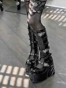 Women's Black Platform Spider Web Gothic Knee High Boots Round Toe Fashionable Sexy Current Motorcycle Party Winter Fall Shoes For Women - màu đen - Xem 9