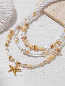 3 pezzi Set di collane stile bohémien con pendente a forma di stella marina, perline e perle, gioielli eleganti e versatili adatti per spiaggia, viaggio, uso quotidiano, appuntamenti, feste, regali per vacanze - Multicolore - Visualizzare 3