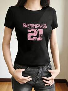 Women's Summer New Round Neck Short Sleeve T-Shirt, Letter Print, Slim Fit, Versatile Crop Top - Advanced Black - View 3
