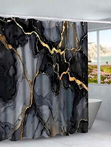 Open -1pc/4pcs Marble Pattern Shower Curtain Set, Shower Curtain Or Toilet Mat Bathroom Mat 4pcs Set, Bathroom Supplies Waterproof Shower Curtain Set With 12 Shower Curtain Hooks, Gift For Family And Friends - A - View 13