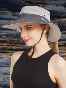 1件装女士夏季遮阳帽沙滩帽宽檐户外防紫外线帽可折叠透气网眼马尾辫渔夫帽 - 英文刺繡馬尾漁夫帽 - 查看 4
