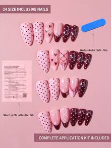 24片Y2K杏仁形3D凝胶粉色法式按压美甲贴纸，饰有波点、爱心和蝴蝶结图案，欧美甜美酷炫风格，镶嵌3D珍珠，易于佩戴的亚克力假指甲套装包含1片果冻凝胶和1个指甲锉，适合女性和女孩日常及各种派对场合。 - 彩色 - 查看 4