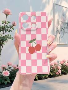 1pc Minimalist Plaid Cherry Pattern Shockproof Protective Phone Case, Compatible With IPhone/ Galaxy/HONOR, Fashionable And Stylish Choice - Pink - View 1