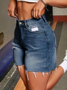 Short en jean taille haute polyvalent pour femmes, lavage vintage, coupe ample, style rétro décontracté, mode d'été - Jean brut - Voir 1