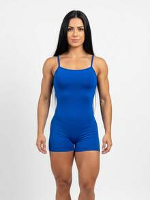 Women's Fitness Jumpsuit With Removable Padding, Zero Transparency, Women's Gym Clothes With Crossed Straps, Royal Blue - 比克藍 - 查看 2