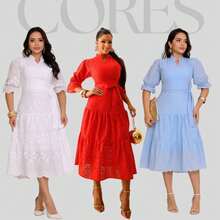 Women's White Midi Dress In Cotton Lace, Lined, Suitable For Church, Wedding, Engagement, Anniversary, Civil Ceremony, Elegant, Evening, Not See-Through - 淺藍色 - 查看 7