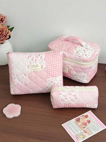 One-Piece Set Of Pink Floral Patchwork Women's Cosmetic Bag, With Zipper, Large Capacity, Stylish And Cute Travel Toiletry Bag, Meeting Daily Storage Needs, Multi-Functional Portable Tote Bag, Storage Bag, Holiday Gift, Cosmetic Bag, Travel Essential, Women's Accessory, Travel Supplies.