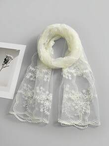 1pc Women's Solid Color Embroidered Floral Hijab Scarf, Contrast Color Floral Embroidery Elegant Fan-Shaped Embroidered Edge, Lightweight Breathable Soft Style, Multifunctional Headscarf, Suitable For Daily Use As Scarf, Waistband, Shawl, Wedding Veil - Multicolor Wavy Edge Embroidery - View 13
