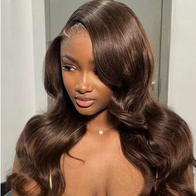 Eulisi Body Wave Wigs 13x6 HD Transparent Lace Frontal Wig Chocolate Brown Bone Human Hair Glueless Pre Plucked With Baby Hair Hairline Natural 150% Density Light Brown #4 Colored 60% Human Hair Wig For Women Suitable For Beginners To Wear, Simple, Convenient And Quick To Install, Easy To Remove
