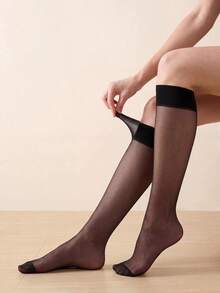 5pairs Women's Black Semi-Transparent Mid-Calf Nylon Stockings, Fashionable And Versatile For Daily Wear, Cozy Socks - Black - View 3