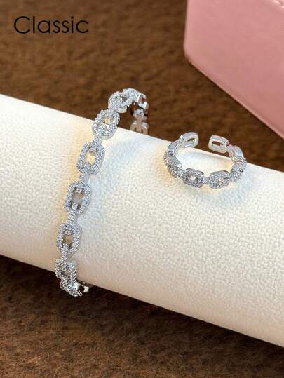 2 Parça Set: Bakır Bileklik + Bakır Yüzük, Minimalist Zincir Tasarımı, Şık Bakır Zirkon Taşlı, Yapay Zirkon Taşlarla Süslenmiş, Günlük Kullanım, Parti, Tatil, Randevu İçin Zarif ve Şık Kadın Hediyesi