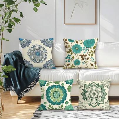 Bộ 4 vỏ gối trang trí họa tiết hoa Mandala cổ điển, in một mặt, thích hợp cho phòng khách, ghế sofa, phòng ngủ, không kèm ruột gối, kích thước 40x40cm/45x45cm/50x50cm
