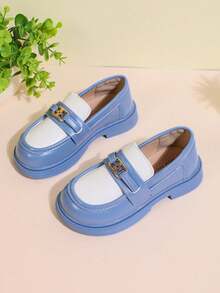 1 Pair White & Loafers, Soft & Comfortable Colorblock Fabric + Shiny Metal Buckle Decor, Classic Round Toe Elastic Soft Sole Slip-On Design, Fashionable British Style Flat Shoes, Suitable For Boys & Girls Students Daily Casual, Vacation, Holiday, School, Party, Outdoor Wear, Spring/Autumn New - Blue - View 7