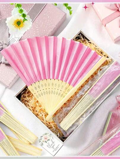 1 Set Pink Hand-Held Decorative Folding Fan, Including Thank You Card And Organza Bag, Elegant Retro Chinese Style Bamboo Hand Fan, Suitable For Weddings, Bridal Parties, Birthdays, Souvenirs, Outdoor Decor, DIY Parties And Holiday Performances, Unique Design For Summer Coolness