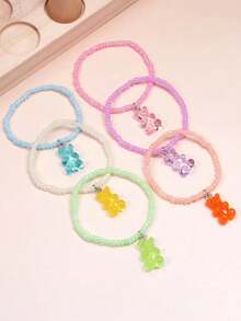 6件装树脂果冻熊吊坠手链，波西米亚风串珠可调节友谊手链，适合女孩 - 均碼 - 查看 3