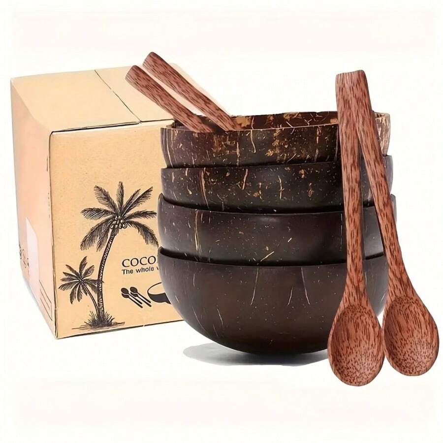 Bát vỏ dừa thủ công kèm thìa gỗ - Bộ đồ ăn sáng tạo cho bữa ăn nhẹ tại nhà, bữa sáng, salad, sữa chua và món tráng miệng.