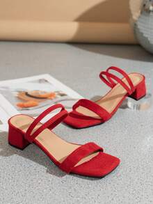 Women's Black High Heel Sandals, Elegant Summer Faux Suede Open Toe Chunky Heel Ankle Strap Sandals - Red - View 5