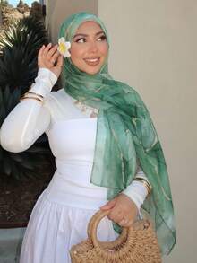 1件装女士时尚百搭波西米亚大理石纹理头巾，适合所有季节的穆斯林头巾，柔软亲肤，2026新款头巾 - 綠色 - 查看 1