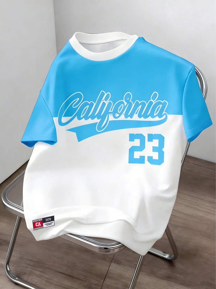 1 pieza Camiseta de manga corta de cuello redondo suave y cómoda con bloqueo de color y letra de California para niños, adecuada para deportes al aire libre, primavera/verano - Celeste - Ver 1