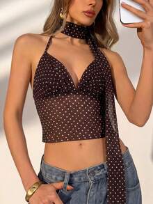 女士棕色波点吊带背心，配系带围巾，时尚春夏装扮，适合外出、约会、海滩度假、休闲旅行 - 咖啡棕 - 查看 4
