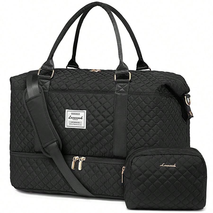 Bolsa de viaje, bolsa de viaje de fin de semana para mujer (con compartimento para zapatos), bolsa de mano para pasar la noche (con neceser), bolsa de gimnasio (con bolsa impermeable), bolsa de maternidad - Negro - Ver 1