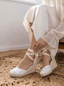 女士系带厚底凉鞋，厚底休闲运动鞋，女士厚底运动健步鞋 - 白色 - 查看 1