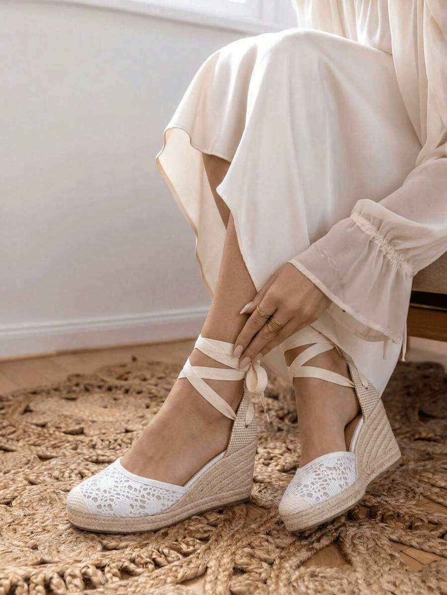 女士系带厚底凉鞋，厚底休闲运动鞋，女士厚底运动健步鞋 - 白色 - 查看 1