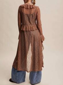 Women Lace Mesh Flowy Maxi Top Tie Front Cardigan Sheer Long Sleeve Ruffled Layering Shirt Cover Up - 紅棕色 - 查看 7