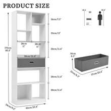 BALCONERA Hohes, freistehendes Bücherregal mit 7 offenen Fächern und 1 Stoffschublade für Wohnzimmer, Schlafzimmer, Büro, Weiß, 60 cm (B) x 24 cm (T) x 170 cm (H) - Weiss - Übersicht 6