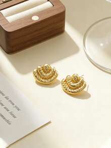 1 Pair Asymmetrical Textured Minimalist Stainless Steel Stud Earrings, Unique Fashion Versatile Design Suitable For Women's Holiday And Daily Wear - Gold - View 4