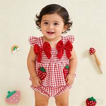 Toddler Baby Girls Tank Top And Shorts Set Summer Casual 2Piece Outfit Ruffle Hem Fly Sleeve Polka Dots Bows Detail And Strawberry Embroidered Smocked Peplum Tank Top + Ruffle Hem Wide Leg Shorts Set For Newborn Infant Kids Girls 0-3Y - 紅白色 - 查看 2