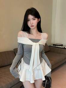 Blusa de manga larga con hombros descubiertos y encaje, blusa con capas para primavera y verano - Gris - Ver 2