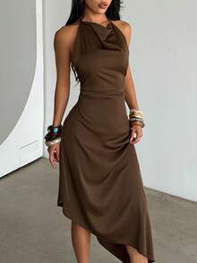 Women's Summer Brown Dress With Asymmetrical Hemline, Open Back, A-Line Skirt, Elegant Dress - Brown - View 5