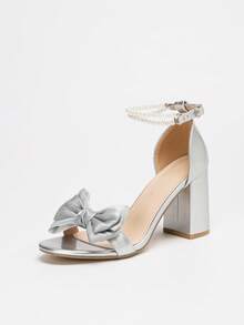 夏季时尚珍珠蝴蝶结新娘露趾高跟鞋，银色皮革单带粗跟性感圆头超高跟凉鞋，女士 - 銀色 - 查看 7