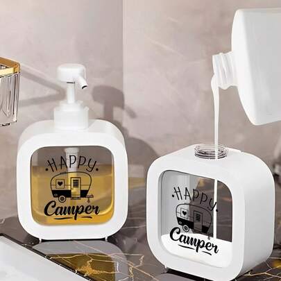 Happy Camping Manual Hand Soap Dispenser Bottle - Vintage Camper Van & Classic RV Design, With Teal Bubbles, Pink Flowers And "Happy Camping" Label, Moisturizing Pump Bottle Suitable For Sink, Shower, Bathroom, Kitchen, Camping Decor, Mother's Day Gift, Home Decor, Travel Essential