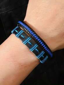 5条男士休闲蓝色编织PU皮手链，适合日常佩戴和聚会场合 - 藍色 - 查看 2