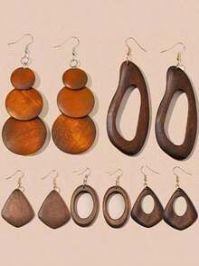 Set de 5 pares de pendientes de madera maciza vintage color marrón - Marrón - Ver 9