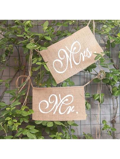 2件装“先生和太太”麻布椅背横幅，浪漫悬挂式椅背装饰旗，乡村卡其色婚礼派对拍照道具装饰，创意小礼物，节日装饰品，生日派对用品，生日礼物，派对装饰用品