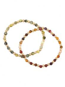 Vòng tay phong cách Bohemian làm từ đá sơn, ngọc bích vàng, mã não, hạt vàng, phụ kiện đá tự nhiên có thể xếp chồng lên nhau, vòng tay co giãn tối giản. - Vòng đeo tay - Xem 13