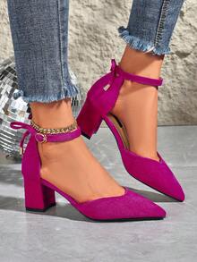 Women's Pointed Toe Suede Hollow Out Bowknot Chunky Heel Pumps, Versatile For Daily, Work, Business, Black, Plus Size,Mothers Day Gift - Hot Pink - View 5
