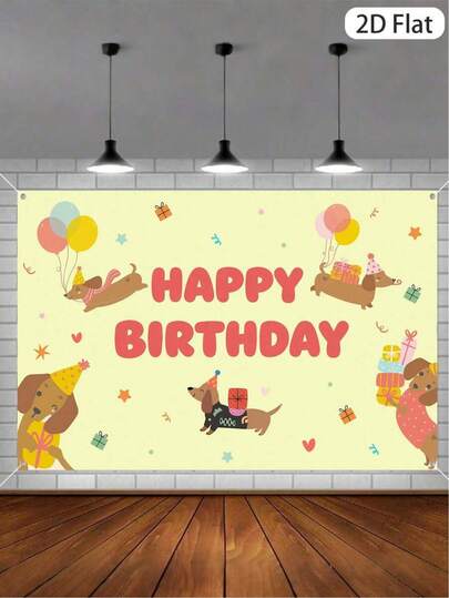 1件可爱腊肠犬生日派对背景布，萌萌腊肠犬图案生日派对悬挂装饰，一周岁生日派对悬挂背景布，生日快乐装饰布，户外生日派对装饰悬挂布，生日派对拍照道具，婴儿派对，生日装饰，生日。