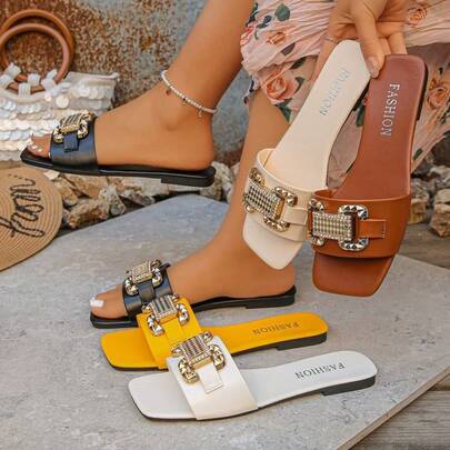 Dép xăng đan đế bằng khóa kim loại thời trang dành cho nữ, dép xỏ ngón mùa hè ngoài trời, giày đi biển đa năng.