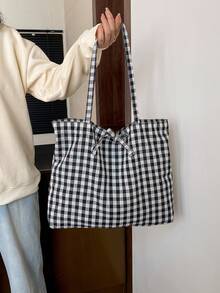 2026新款格子单肩包，女士复古尼龙多功能系带帆布包，大容量格子帆布包，学生单肩包，复古蝴蝶结手提包 - 黑色 - 查看 4