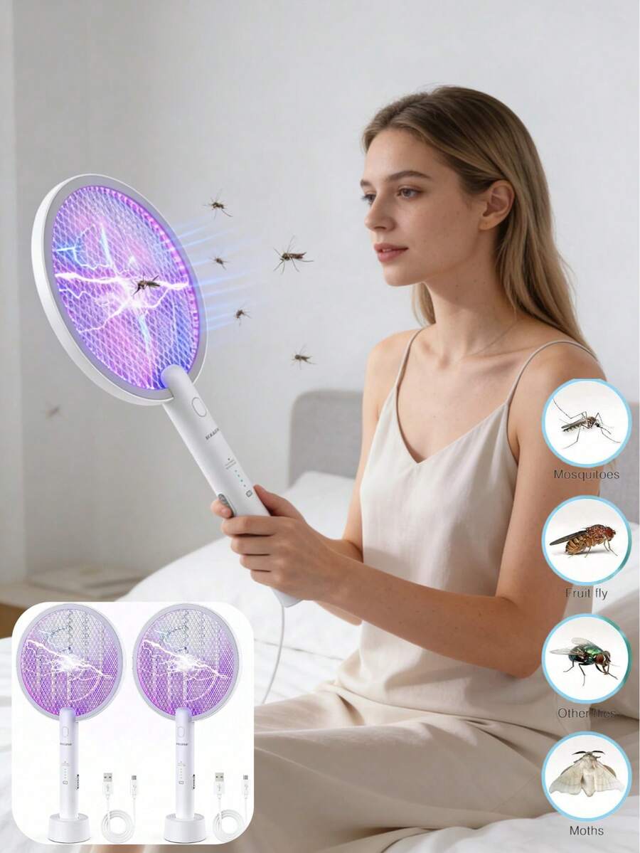 2 Pack 3000V Electric Fly Swatter Racket With 1200mAh Rechargeable Battery, 2 Modes & UV Mosquito Traps For Indoor & Outdoor Use,Bug Zapper Indoor - 白色 - 查看 1