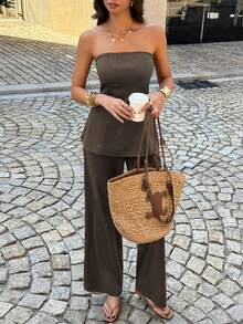 PoPoHouse Women's Two Pieces Set Sexy Backless Strapless Tube Top And Loose Wide-Leg Pants For Summer Business Office Commuting Casual Vacation Going Out Outfit Brown Suit - Khaki - View 9