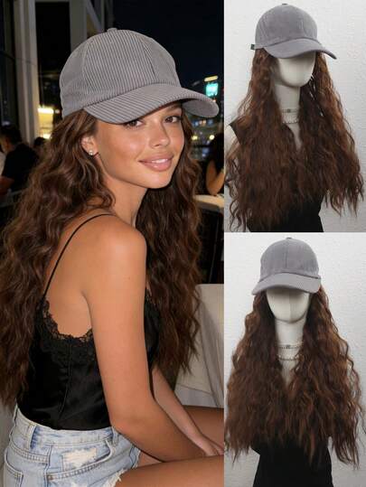 Hat Wig 24 Inch Synthetic Light Brown Long Bouffant Wavy Hair Wig With A Blue Gray/Black Cap Baseball Cap Naturally Attached To The Cap Wig, Suitable For Women's Everyday Wear, The First Choice For Creating A Street Style.