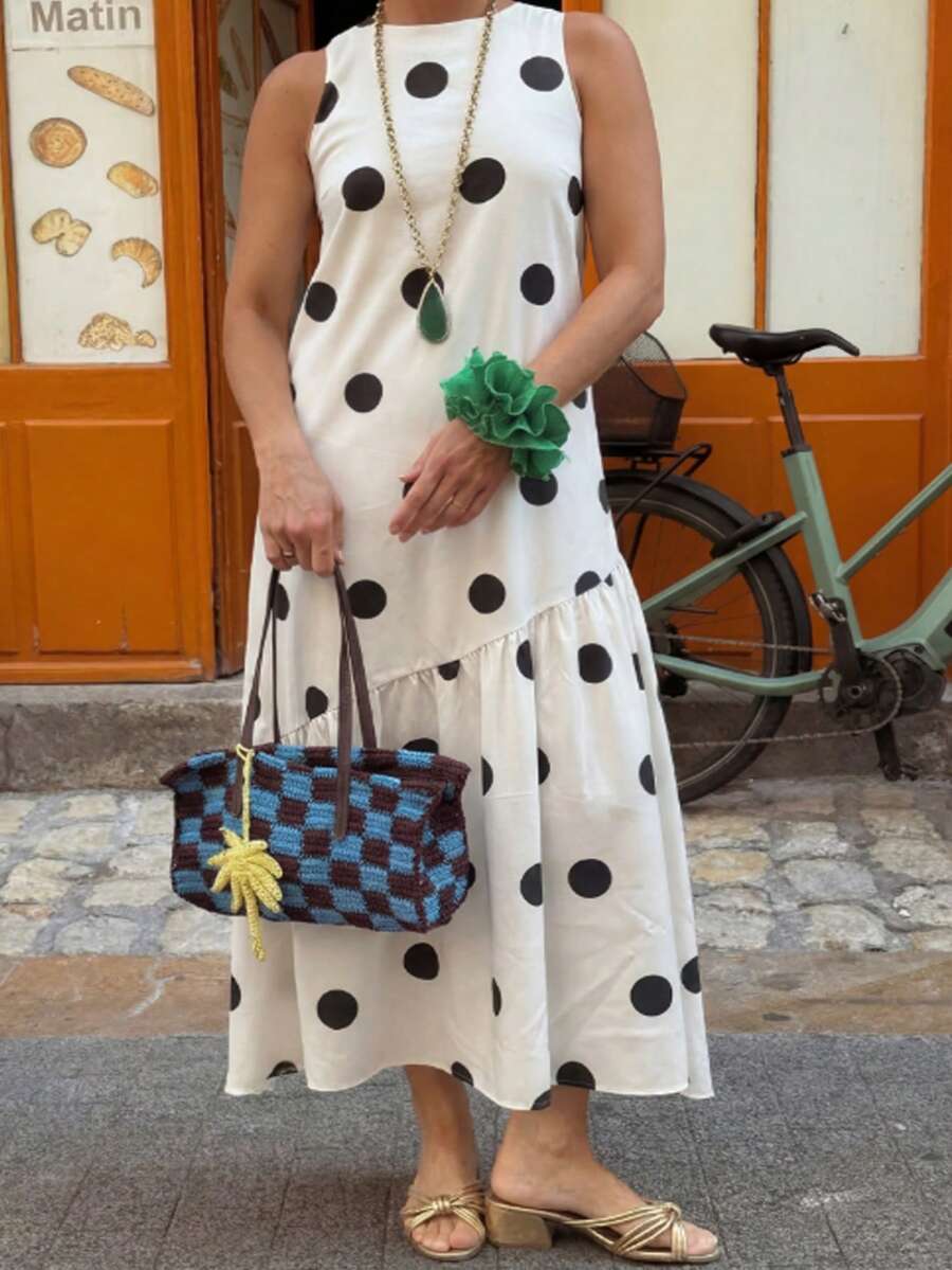 大尺碼女款圓領波點印花長洋裝 度假優雅夏季款 - 杏色 - 查看 1