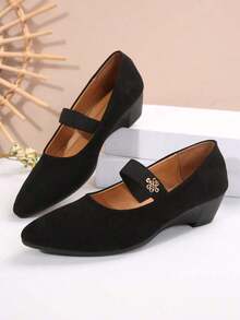 Women's Elastic Strap Strap Wedge Soft Sole Comfortable Pointed Toe Black Canvas Flat Shoes, Plus Size - 黑色 - 查看 2
